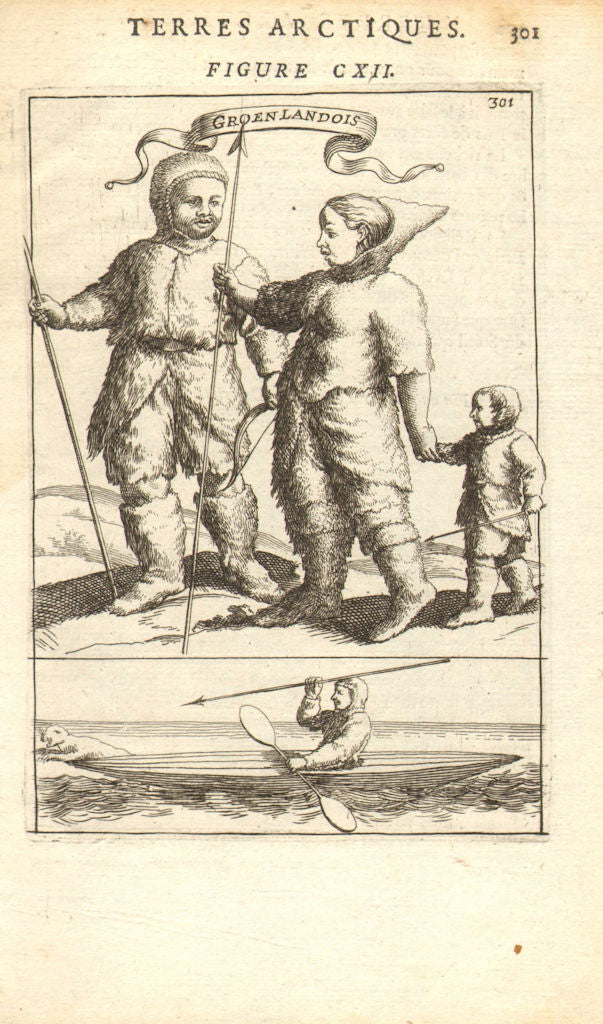 GREENLAND. 'Groenlandois'. Eskimo family 17C dress. Seal hunting. MALLET 1683